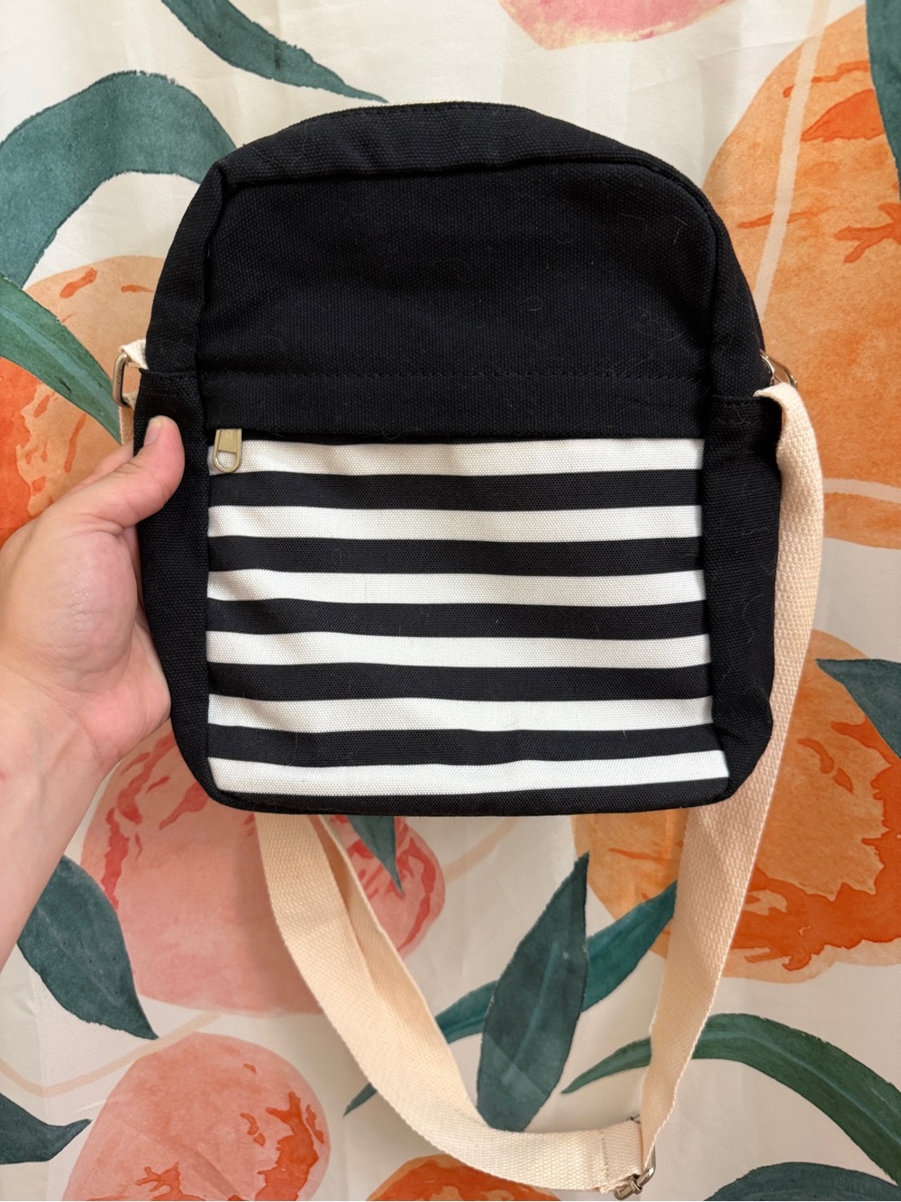 Black Stripe Canvas Crossbody Bag with Cream Strap